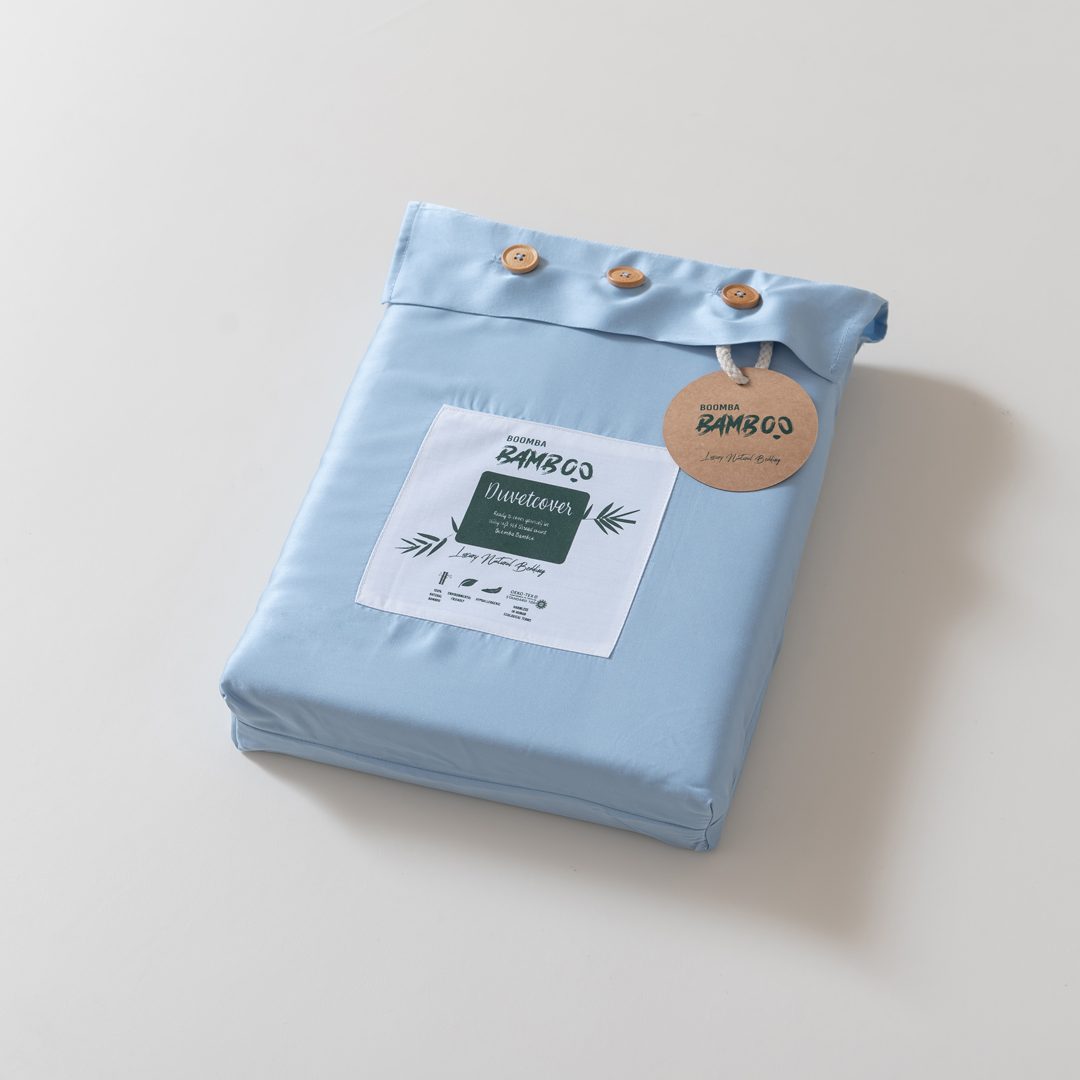 Foto van de verpakking van een Sky Blue hoeslaken (kleur licht blauw)
